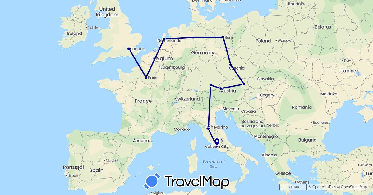 TravelMap itinerary: driving in Austria, Czech Republic, Germany, France, United Kingdom, Italy, Netherlands (Europe)